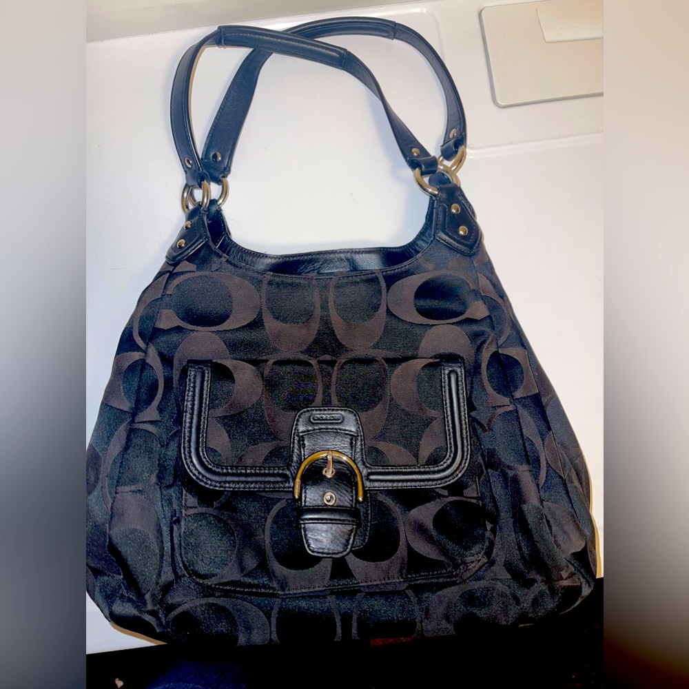 Coach Shoulder hobo Bag Purse Signature Nylon Canvas Black no F1380-F24742